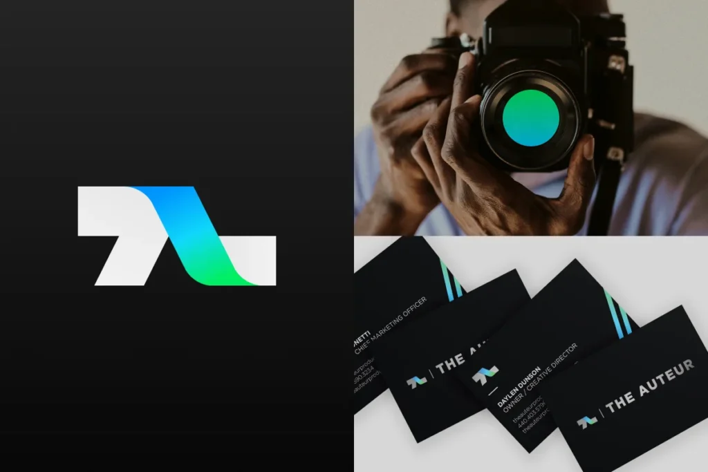 Branding by Brownbag Design for The Auteur featuring featuring a professional logo, business cards, and a watermark.